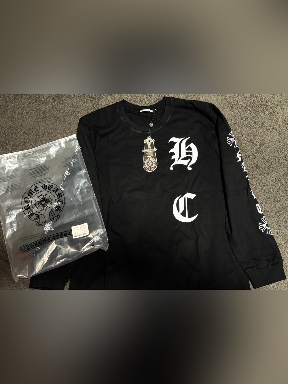 Chrome Hearts Black Long Sleeve Logo Tee with White Gothic Print